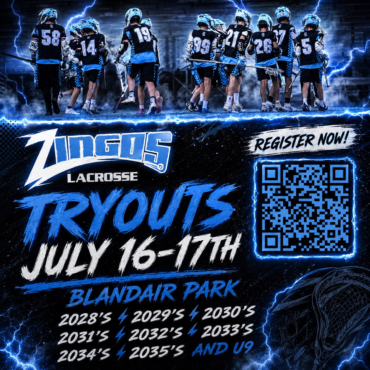 An image describing the tryout information for the 2026-2027 year. Tryouts are from July 16th-17th in Blandair Park, for 2028s - 2035s and U9s.